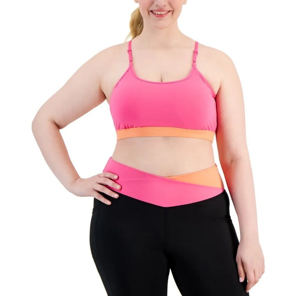 ID Ideology Women's Plus Size Color blocked Low-Impact Sports Bra Pink Shock 2X
